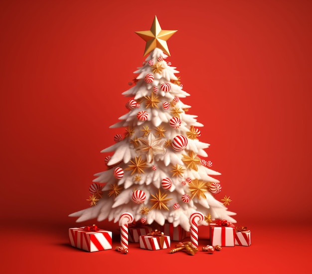 3D and Cute Christmas Tree with Gift Boxes and Decorations in Red and Gold Generative AI