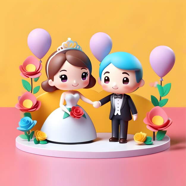 3D Cute Couple Marriage Anniversary Illustrations