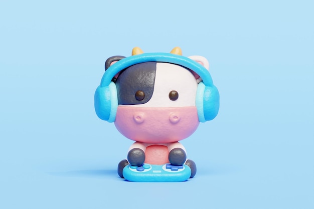 3D cute cow playing video game Cartoon animal character 3D rendering