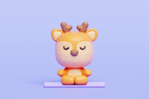 3D cute deer meditation yoga Cartoon animal character 3D rendering