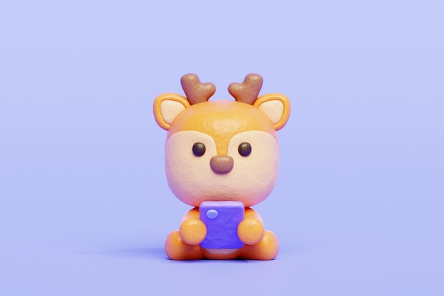 3D cute deer watching on smartphone Cartoon animal character 3D rendering