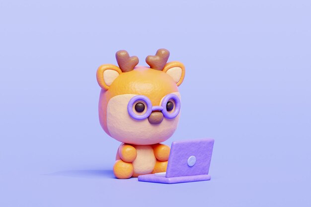 3Dの可愛い鹿がラップトップで作業している 漫画の動物キャラクターの3Dレンダリング