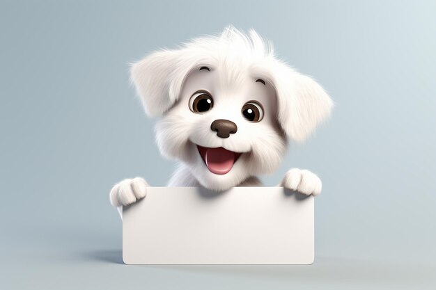 3D 귀여운 개는 빈 표지판에 메시지를 전달합니다