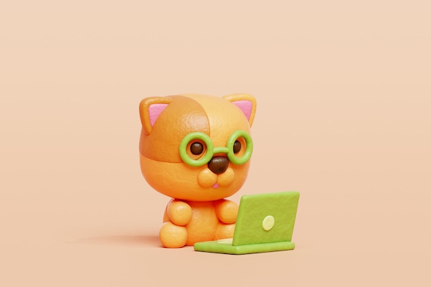 3D cute dog working on laptop Cartoon animal character 3D rendering