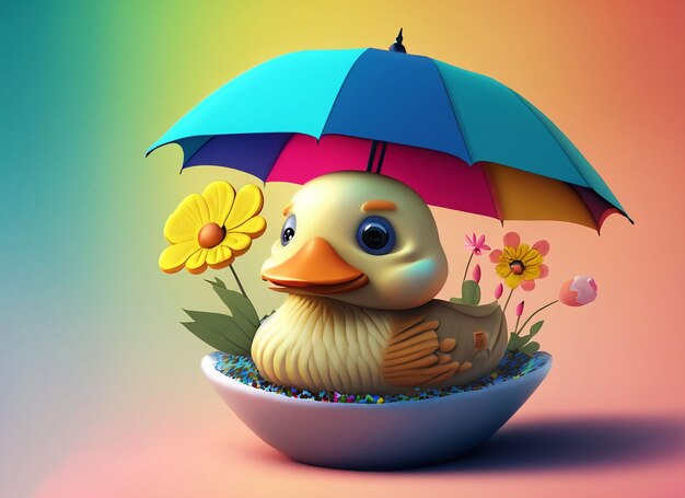 3d cute duck with flowers book with colorful background under the umbrella