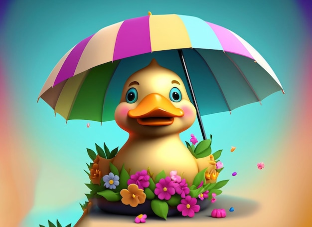 3d cute duck with flowers book with colorful background under the umbrella