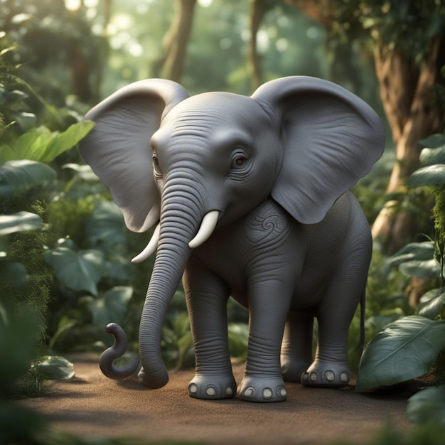 A 3d cute elephant cartoon clean blured jungle backgrond