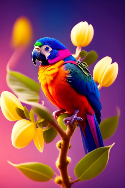 3D Cute Floral Birds Parrot little parrotwith a kind smiling face and big eyes