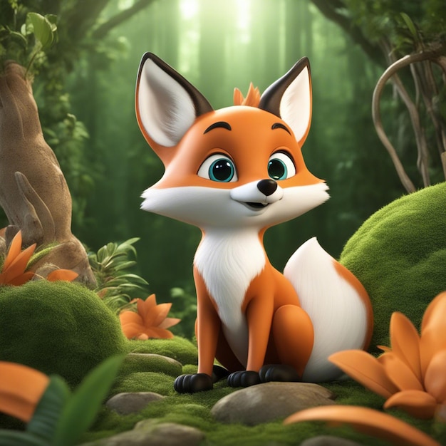 A 3d cute fox cartoon clean blured jungle backgrond