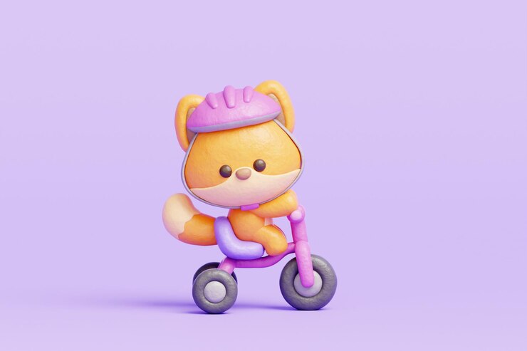 Photo 3d cute fox riding bicycle cartoon animal character 3d rendering