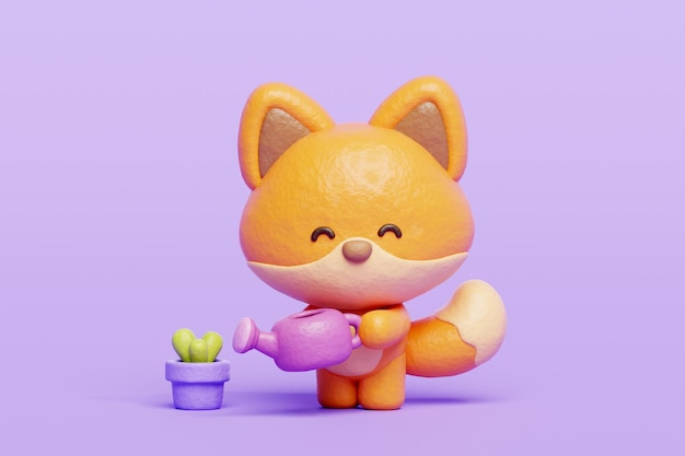 3d cute fox watering plant cartoon animal character 3d rendering