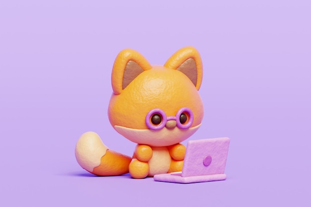 ラップトップに取り組んでいる 3 D のかわいいキツネの漫画の動物キャラクター 3 D レンダリング