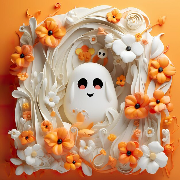 3d cute ghost surrounded by orange pastel flowers