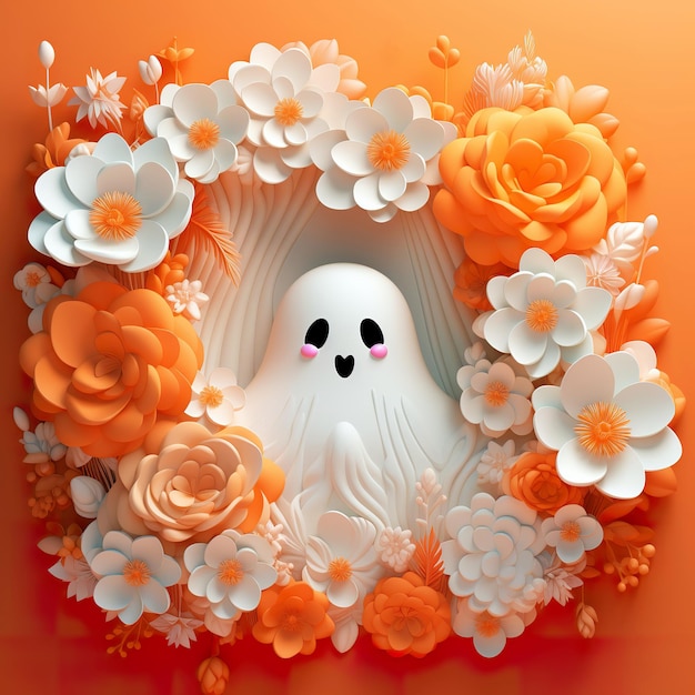 3d cute ghost surrounded by orange pastel flowers