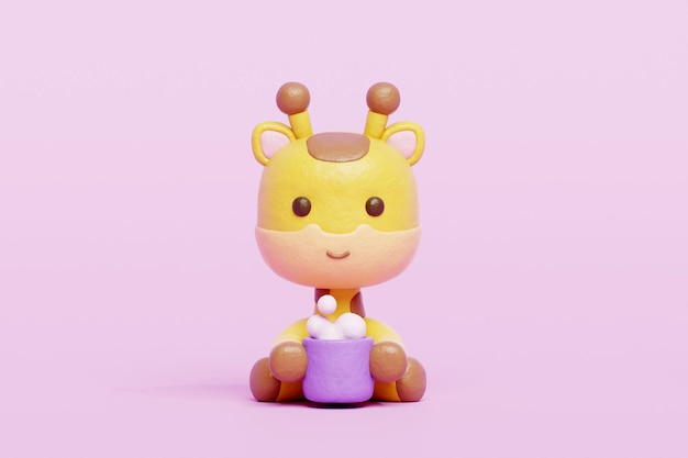 3D cute giraffe drinking coffee Cartoon animal character 3D rendering