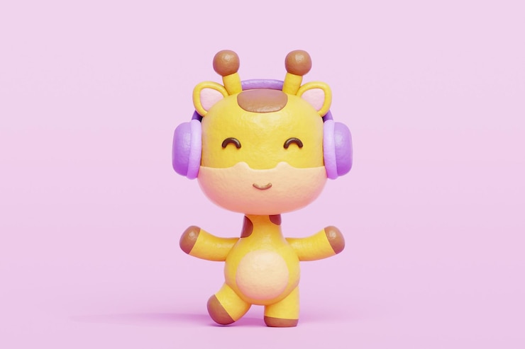 Photo 3d cute giraffe listening to music with headphones cartoon animal character 3d rendering