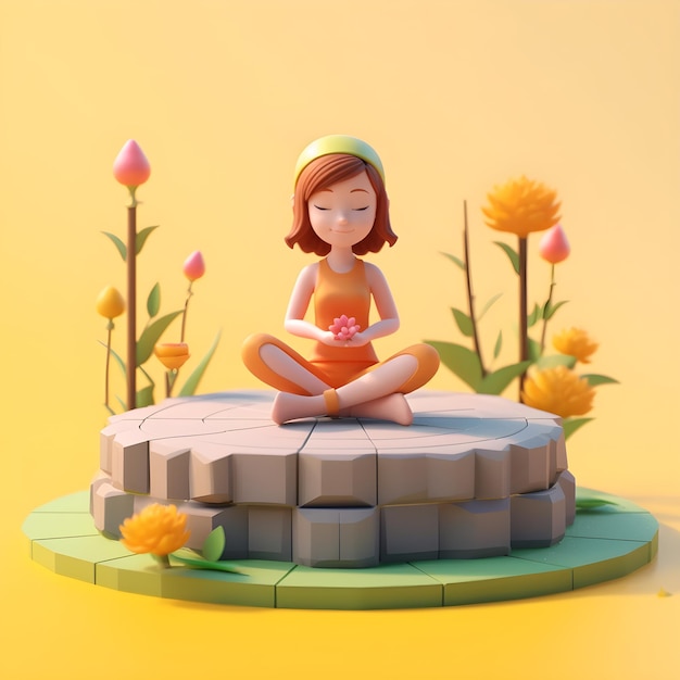 3D Cute Girl Doing Yoga on Podium on Yellow Background Ai Generated