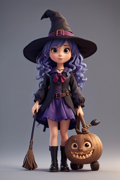 3 d のかわいい女の子はハロウィーンの魔女のドレスを着ます