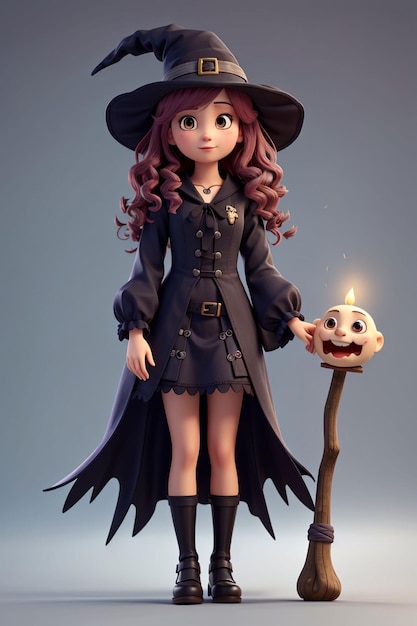 3 d のかわいい女の子はハロウィーンの魔女のドレスを着ます