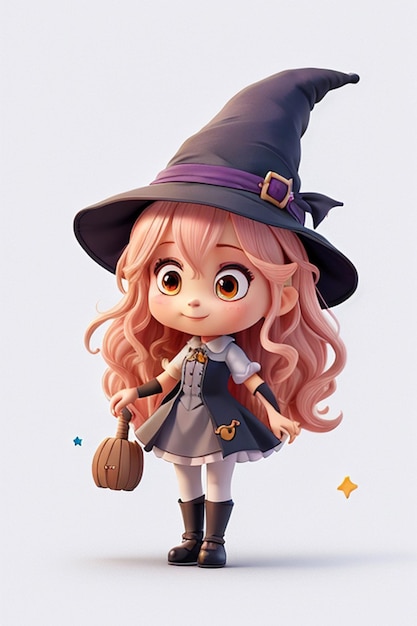 3D милая девушка носит платье ведьмы на Хэллоуин