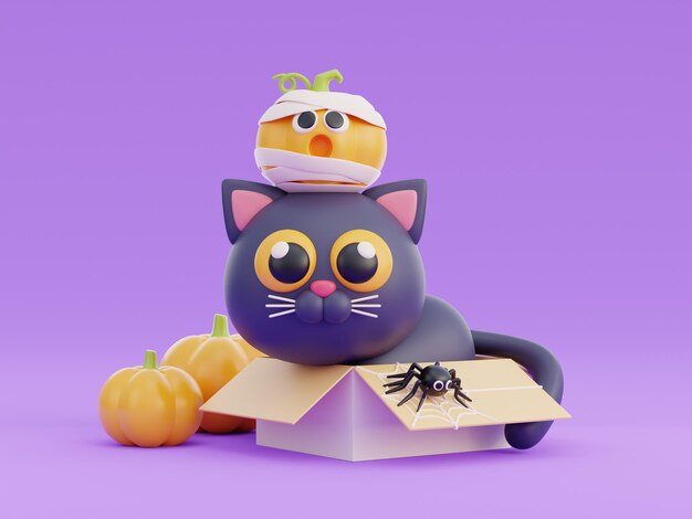 Foto 3d carino halloween gatto nero personaggio dei cartoni animati trucco o trattare festa vacanza ottobre rendering 3d