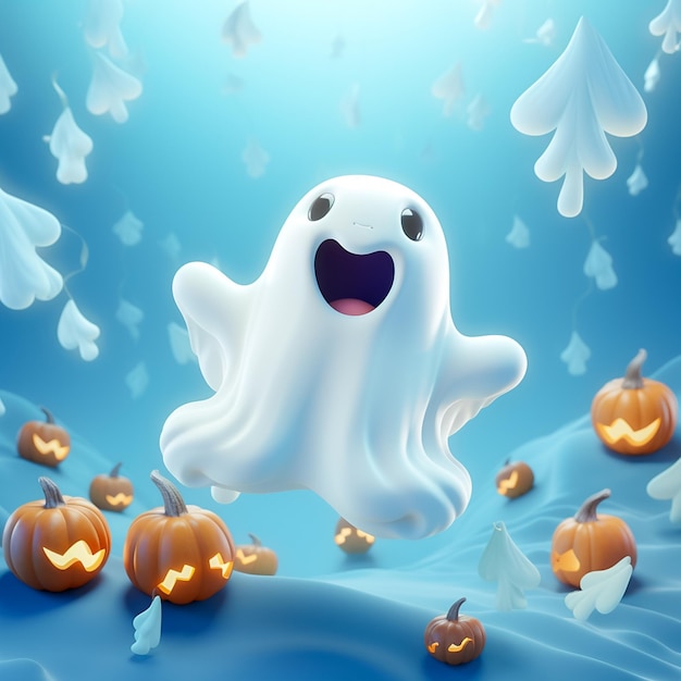 3d Cute and happy cartoon Ghost holding gift box pumpkin for Halloween with empty space Ai generated