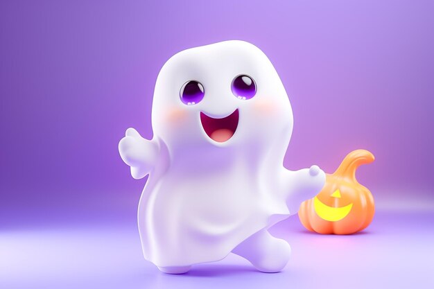 3d Cute and happy cartoon Ghost holding gift box pumpkin for Halloween with empty space Ai generated