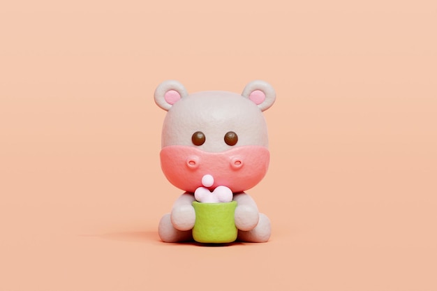 3d cute hippo drinking coffee cartoon animal character 3d rendering