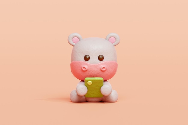 3d cute hippo watching on smartphone cartoon animal character 3d rendering