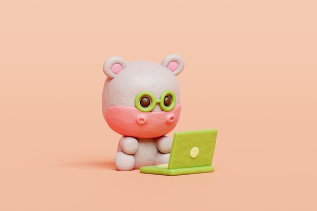 ラップトップに取り組んでいる 3 D のかわいいカバ漫画の動物のキャラクター 3 D レンダリング