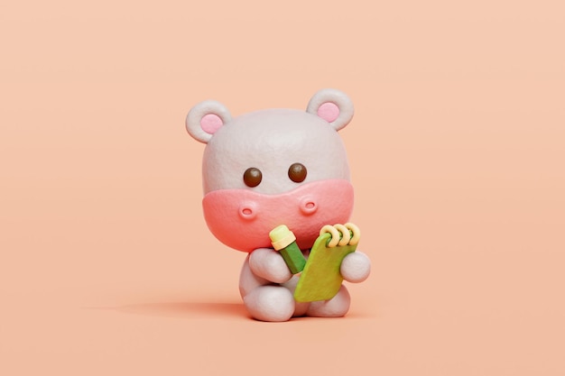 3d cute hippo writing a journal cartoon animal character 3d rendering