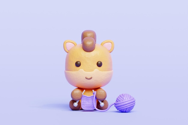 3D cute horse knitting Cartoon animal character 3D rendering