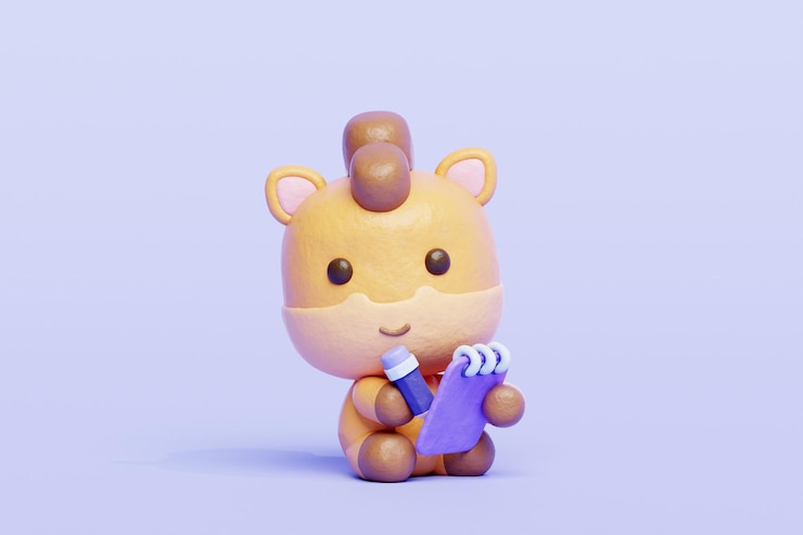 Photo 3d cute horse writing a journal cartoon animal character 3d rendering