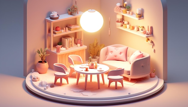 3D cute isometric 3D furnitures in dinning room big coins soft pastel colors super details