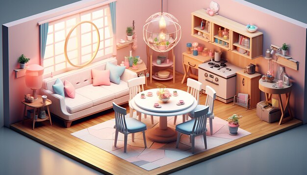 3D cute isometric 3D furnitures in dinning room big coins soft pastel colors super details