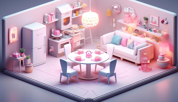 3D cute isometric 3D furnitures in dinning room big coins soft pastel colors super details