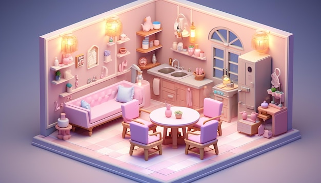 3D cute isometric 3D furnitures in dinning room big coins soft pastel colors super details