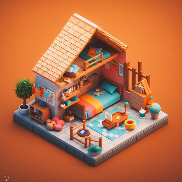 Photo 3d cute isometric attic