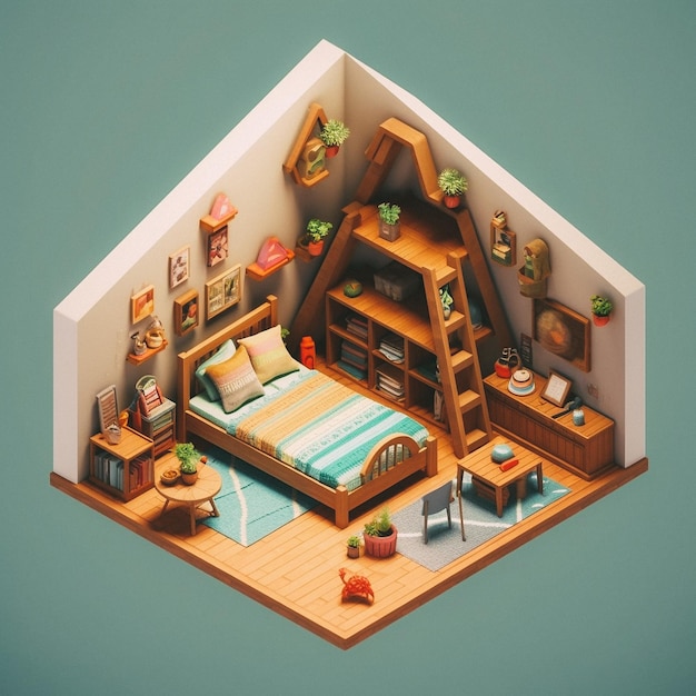 Photo 3d cute isometric attic