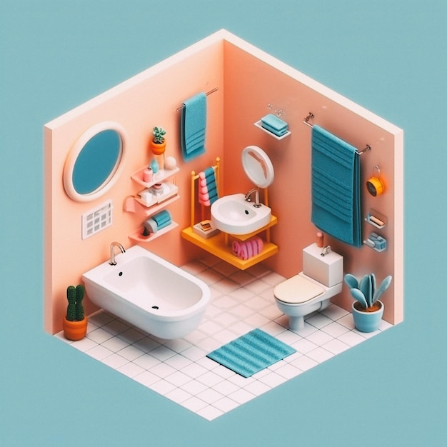 Photo 3d cute isometric bathroom