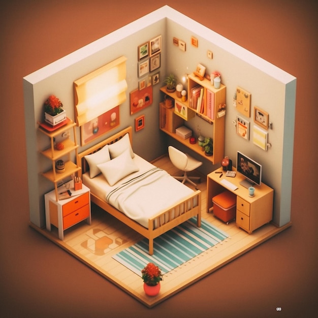 3D cute isometric bedroom