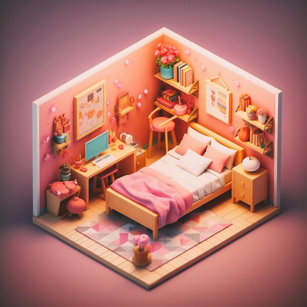 3D cute isometric bedroom