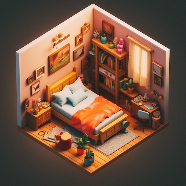 3D cute isometric bedroom