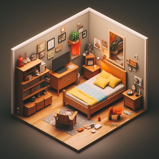 3D cute isometric bedroom