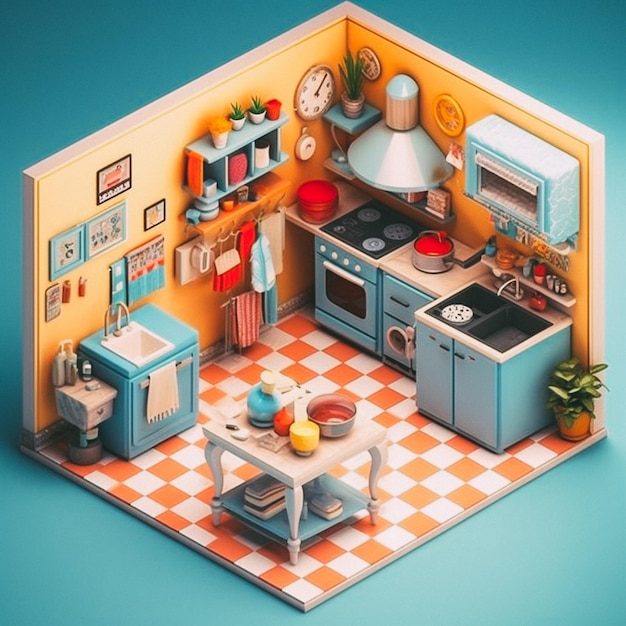 Photo 3d cute isometric kitchen