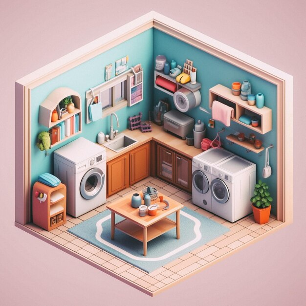 3D cute isometric laundry room