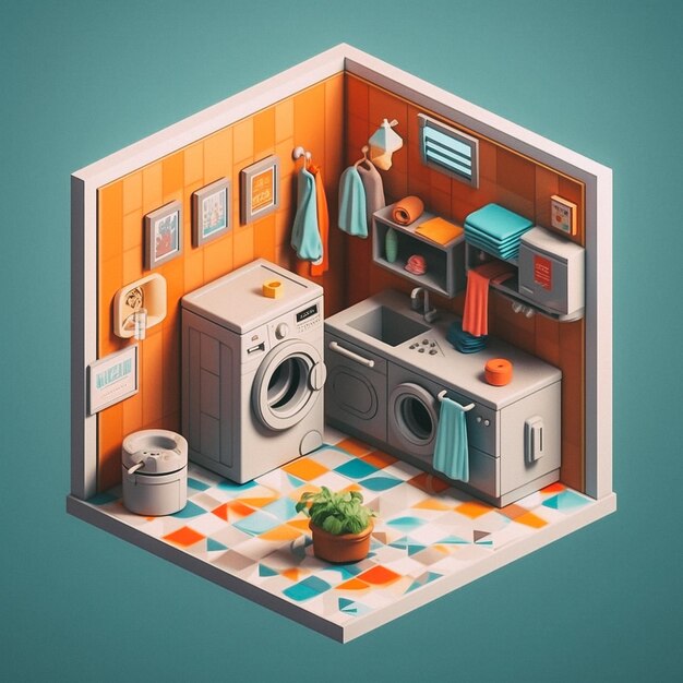 3D cute isometric laundry room