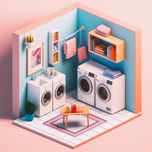 3D cute isometric laundry room