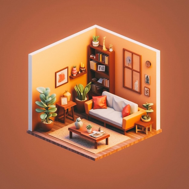 3D cute isometric living room