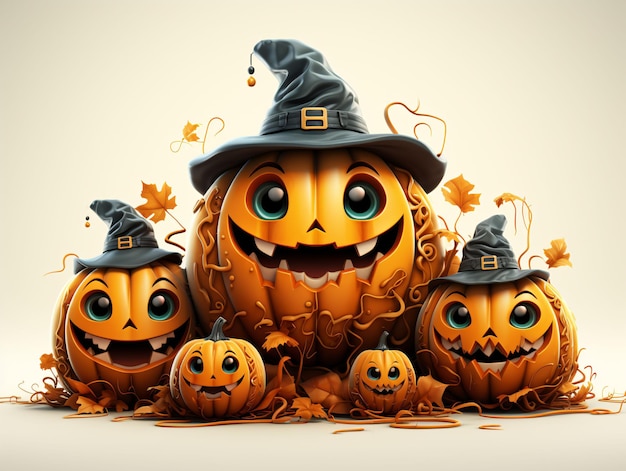 3D and Cute Jack O Lanterns with Cartoon Style Halloween Pumpkins Generative AI